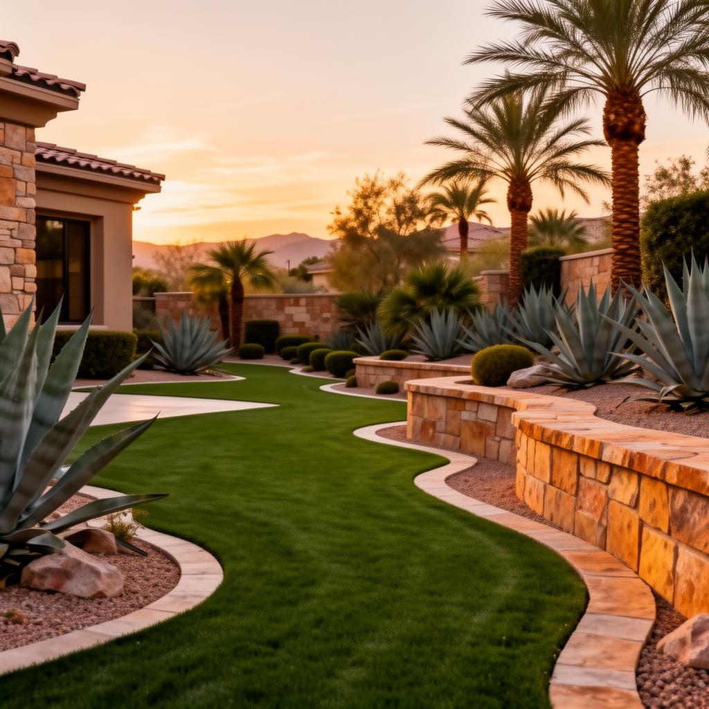 A pristine Las Vegas residential garden at sunset with edged turf, agave, and palms